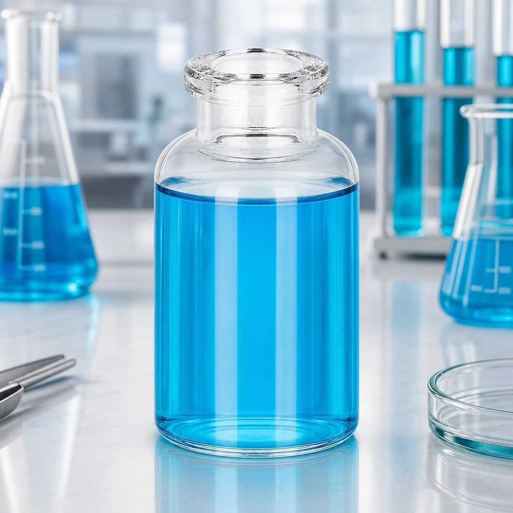 Frasco de inyección de vidrio transparente 20ml Injektionsvial 20ml Klarglas auf weißer Laborbank neben Petrischale und Pinzette