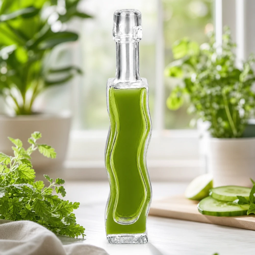 Botella de vidrio de 40 ml «Fila» sin tapón UNiTWIST® 40ml botella de vidrio Anna llena de extracto de hierbas verdes perejil decoración brillante alféizar de la ventana cosméticos naturales ambiente