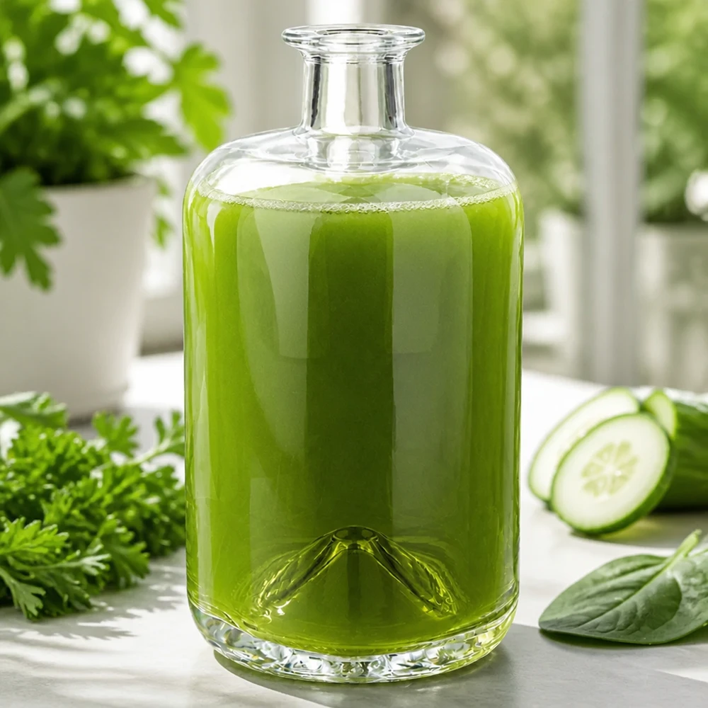 Botella de farmacia de 700 ml «Sofia» sin tapón UNiTWIST® Botella de cristal de 700 ml Sofía llena de batido verde junto a pepino perejil y espinacas escena de alimentación saludable