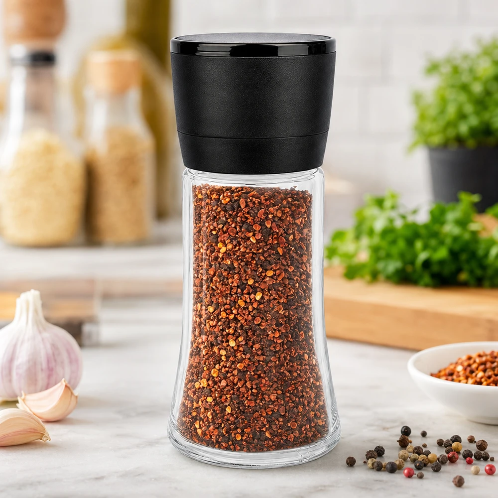Molino «Schwarze Mühle Vario» sobre un recipiente de cristal transparente de 95 ml, lleno de copos de chile rojo, en un entorno de cocina