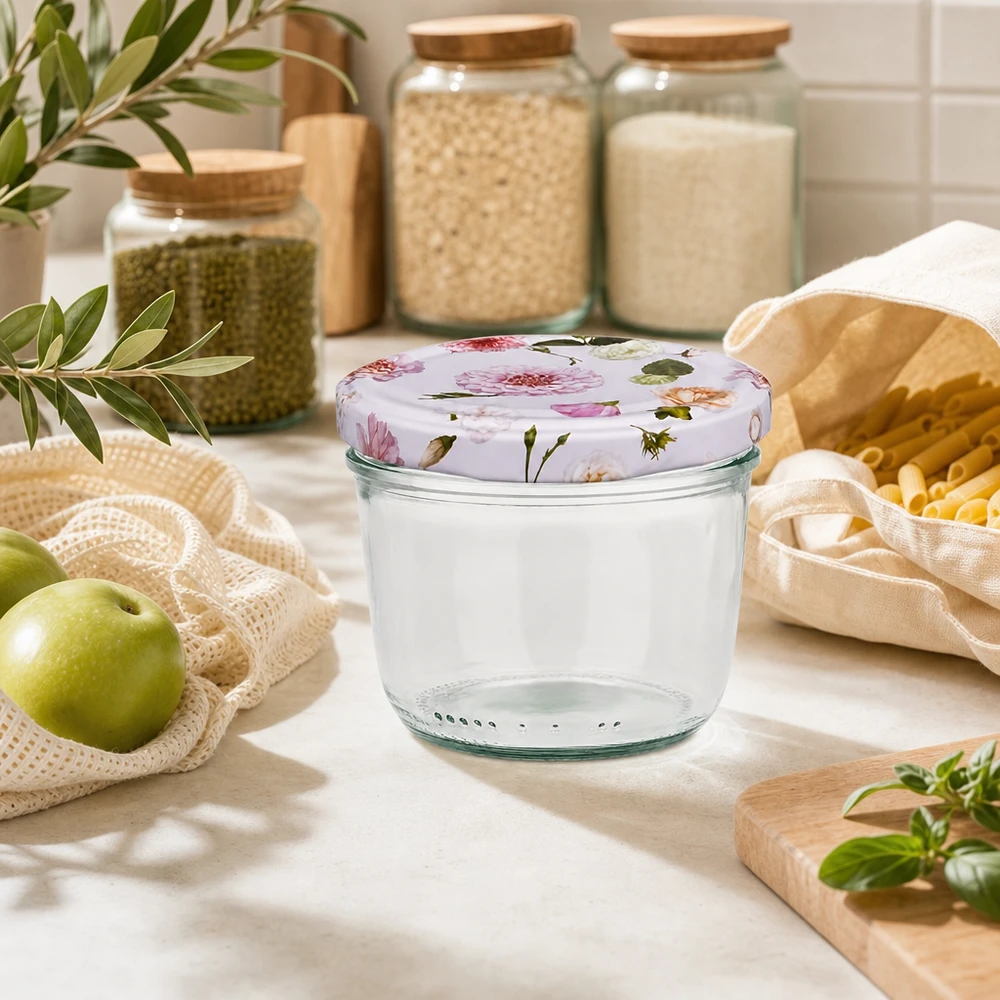 Vasos vacíos de 230 ml con tapa BasicSeal estampado floral rosa en ambiente de cocina sostenible con tarros de almacenaje