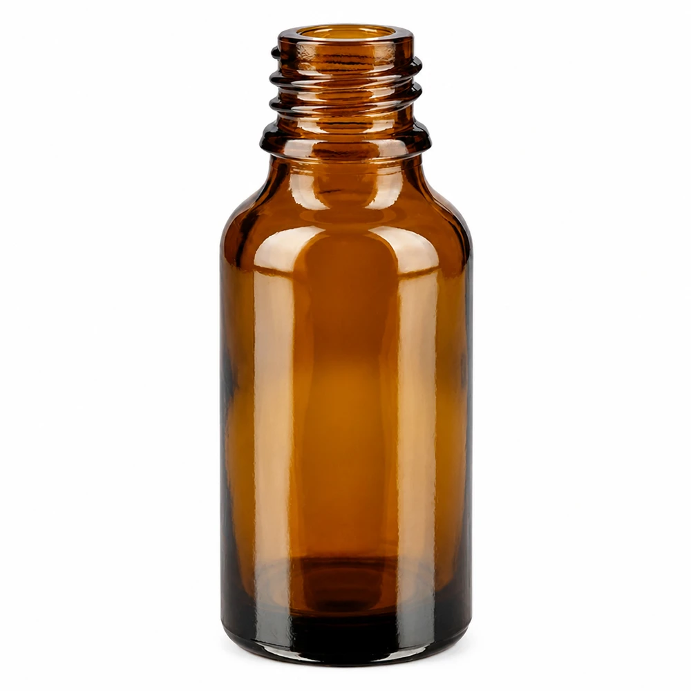 Frasco cuentagotas 20 ml DIN 18 de vidrio ámbar Frasco de farmacia marrón 20ml forma alta ApoGlas vacío sin tapón sobre fondo blanco