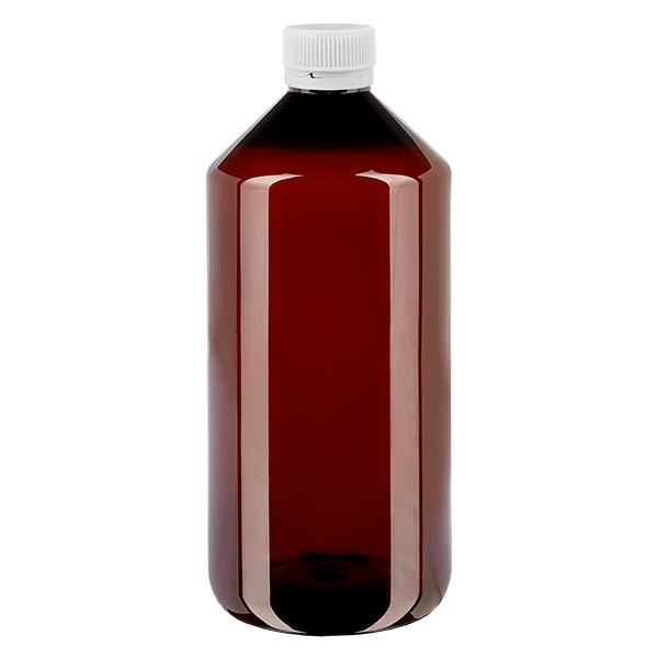 Botella PET 1000ml con tapón de seguridad blanco, estriado Botella PET 1000ml con tapón de seguridad blanco, estriado