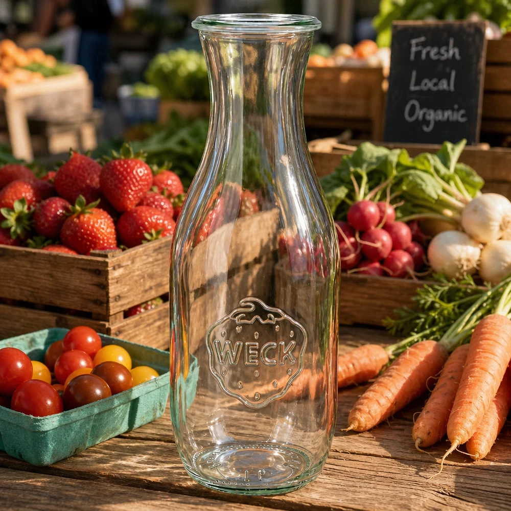 Botella para zumo WECK RR60 de 1062 ml Botella de zumo WECK 1062ml RR60 sobre mesa de madera con verduras frescas del mercado zanahorias rábanos tomates y cartel ecológico