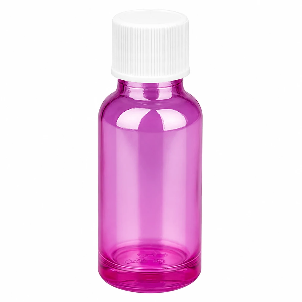 Frasco de vidrio violeta de 20 ml con tapón de rosca blanco para aceites esenciales y cosméticos