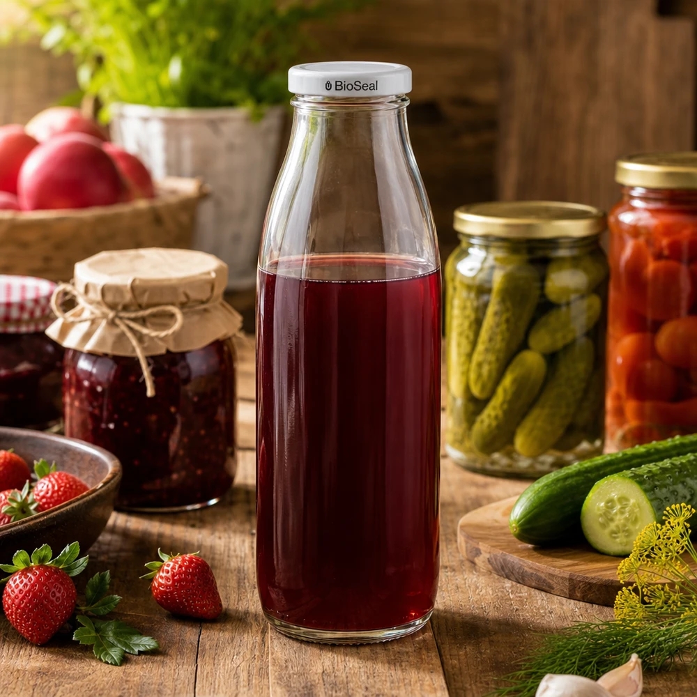 Botella de cristal de 500 ml llena de zumo rojo, tapa BioSeal blanca, rodeada de tarros de conserva y pepinos frescos