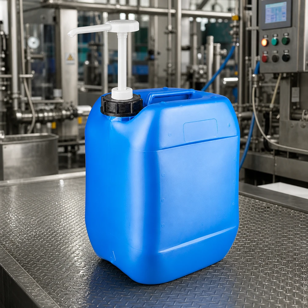 Bidón industrial azul de 10 litros con bomba dosificadora en una moderna planta de producción