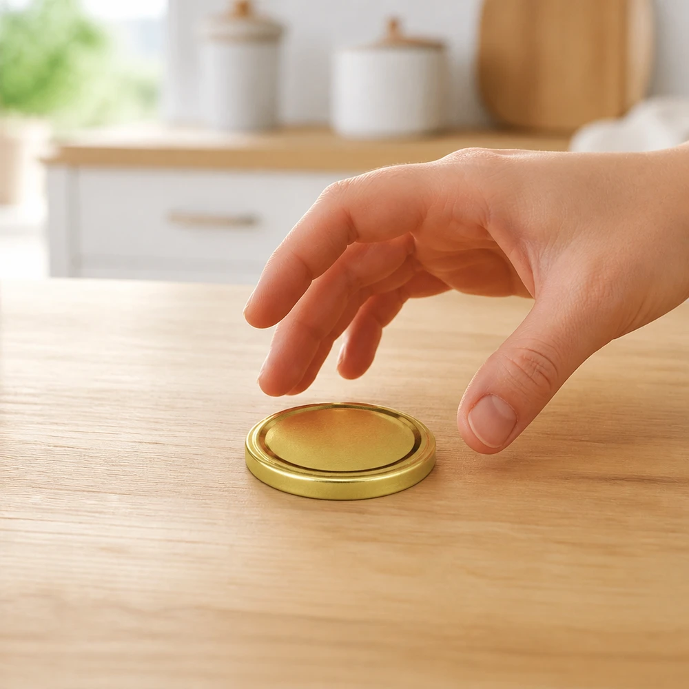 Tapa BasicSeal de 63 mm, color dorado (TO63) UNiTWIST Una tapa dorada TO63 de 63 mm descansa sobre una mesa de madera; una mano la coge: UniTwist BasicSeal