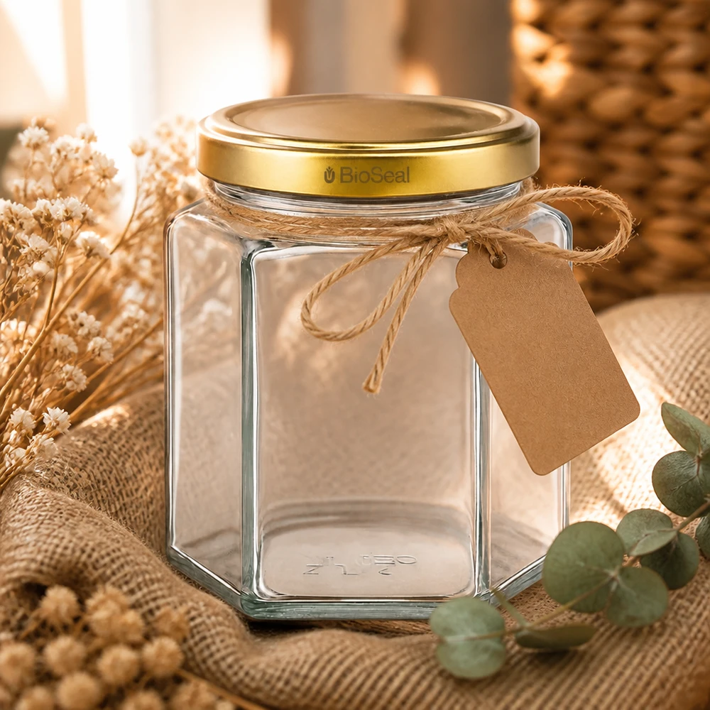 Tarro Hexa 390ml con tapa dorada BioSeal UNiTWIST Tarro de cristal vacío UNiTWIST Hexa390 con tapa BioSeal dorada y etiqueta de regalo en una escena decorativa natural