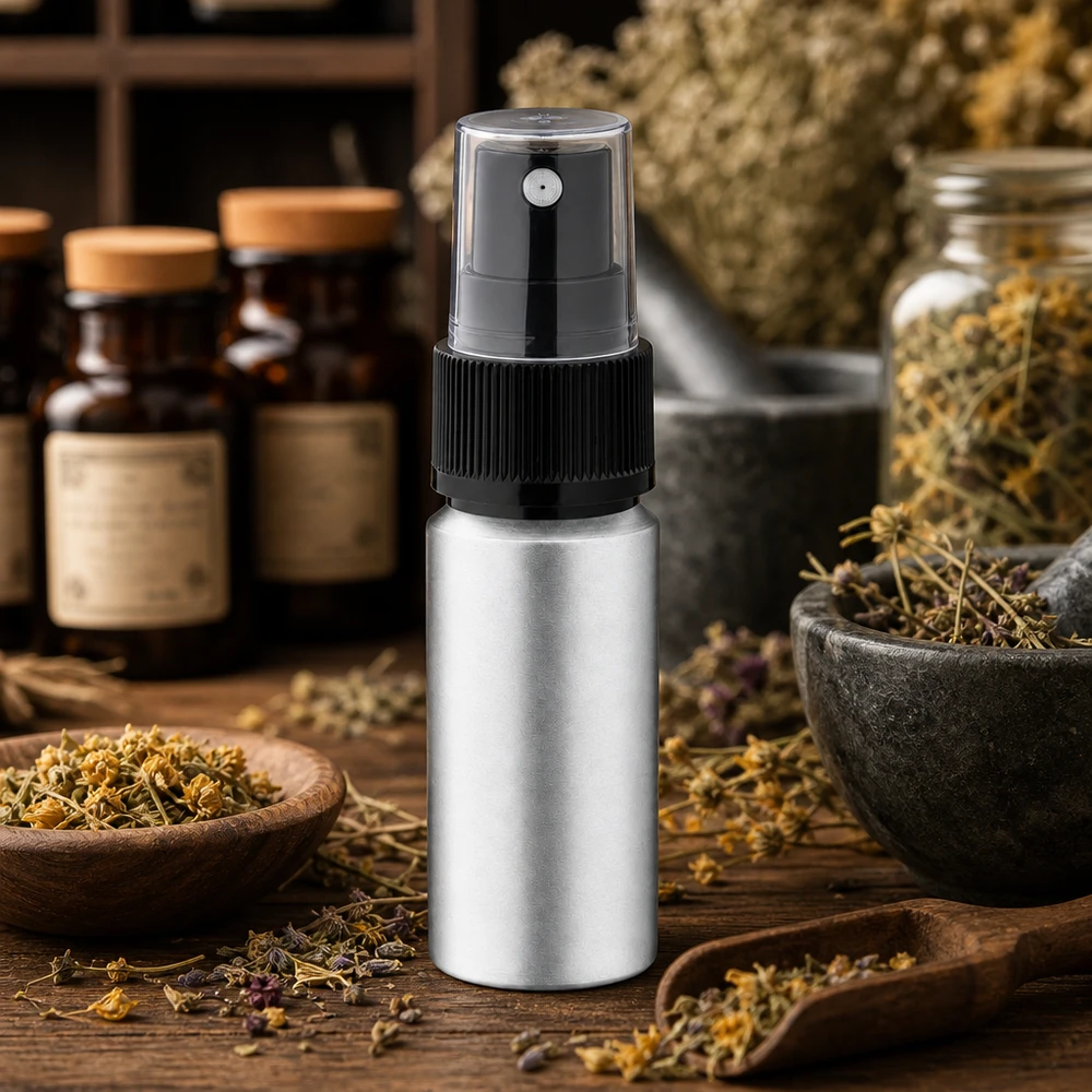 Frasco de aluminio plateado mate de 20 ml con pulverizador transparente para esencias de hierbas naturales