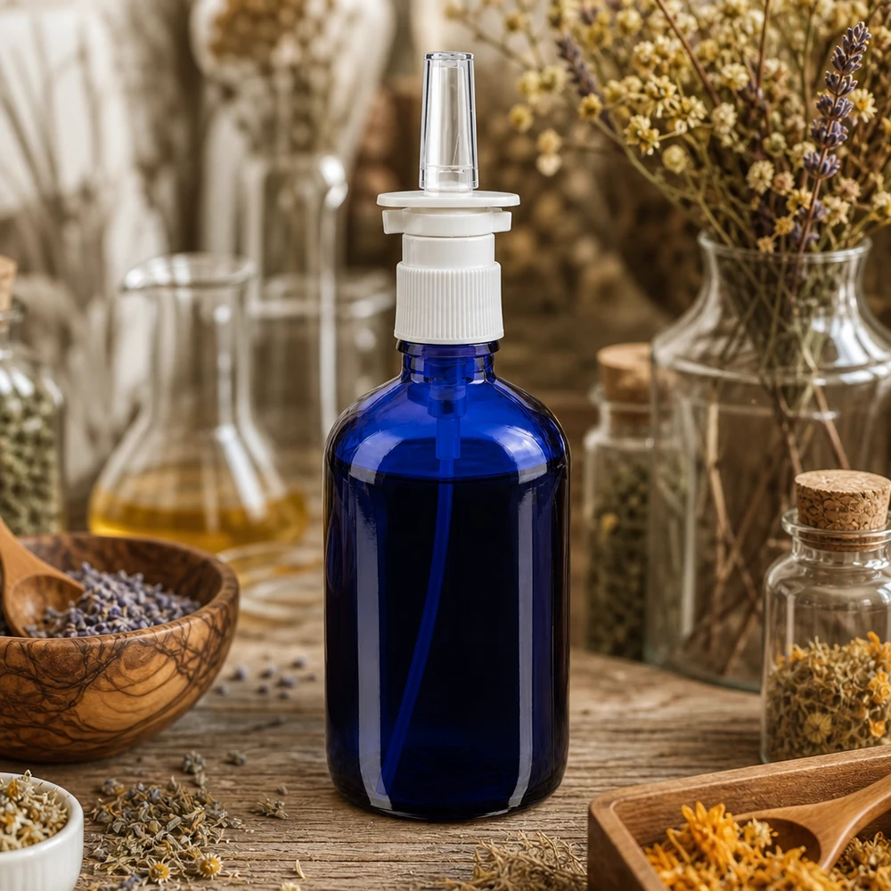 Botella de farmacia azul 100ml spray nasal blanco estándar Frasco de farmacia azul de 100 ml con aplicador nasal, entre hierbas secas y plantas medicinales