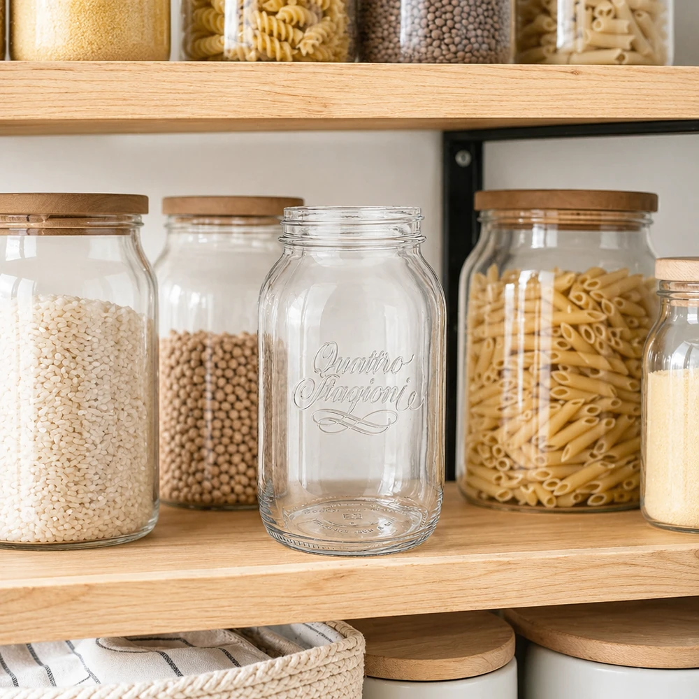 Vaso redondo 1500ml "Quattro Stagioni" QS86mm Tarro doméstico Quattro Stagioni de 1500 ml vacío en una estantería de madera junto a tarros de almacenaje llenos de pasta y legumbres
