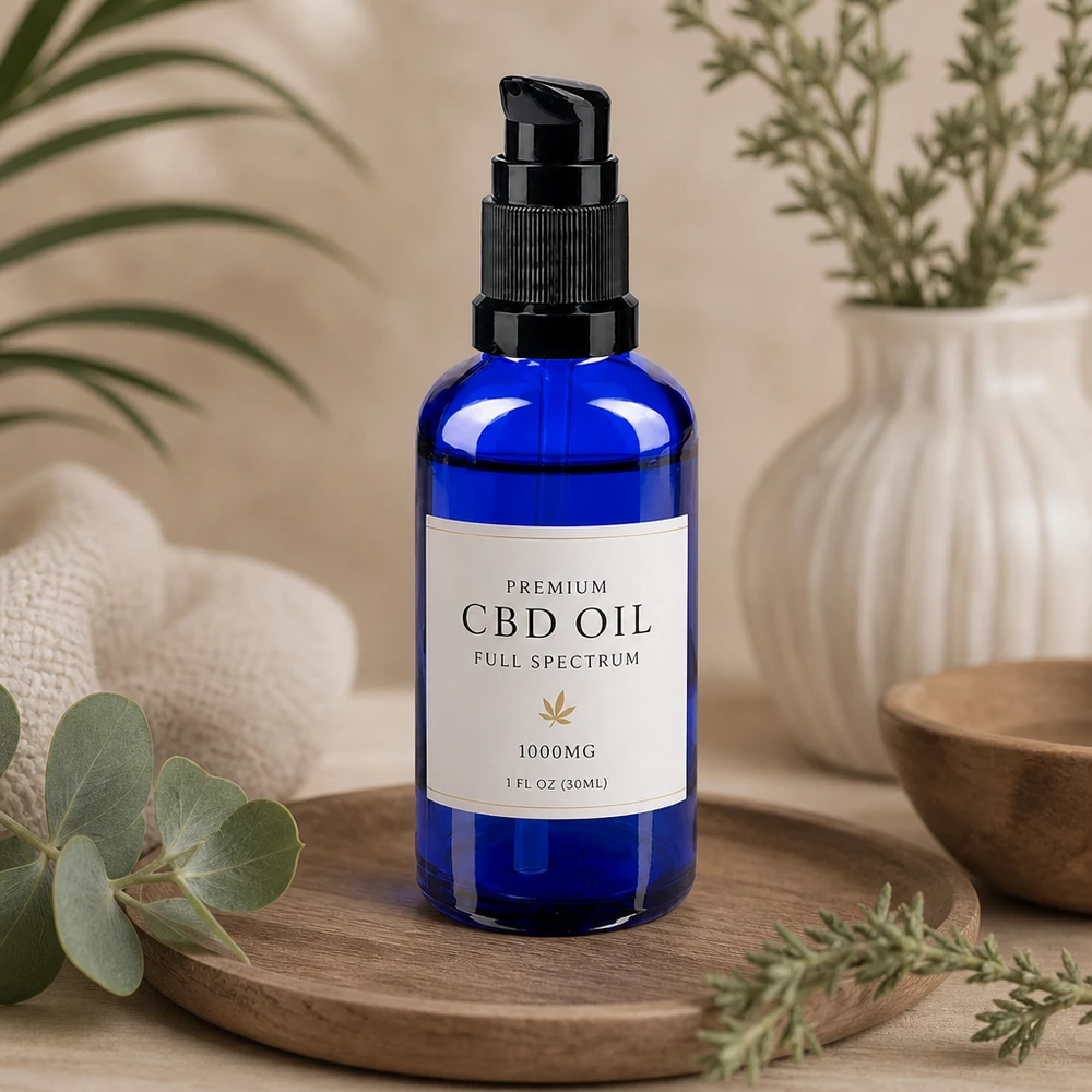 Frasco de cristal azul de 30 ml con dosificador de bomba negro para aceite de CBD Premium de espectro completo