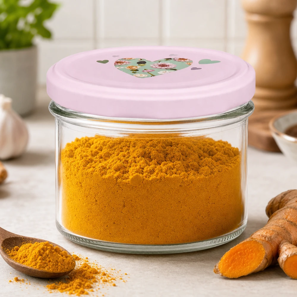 Cúrcuma en polvo en un tarro de 225 ml con tapa rosa en forma de corazón en la cocina junto a raíces frescas de cúrcuma.