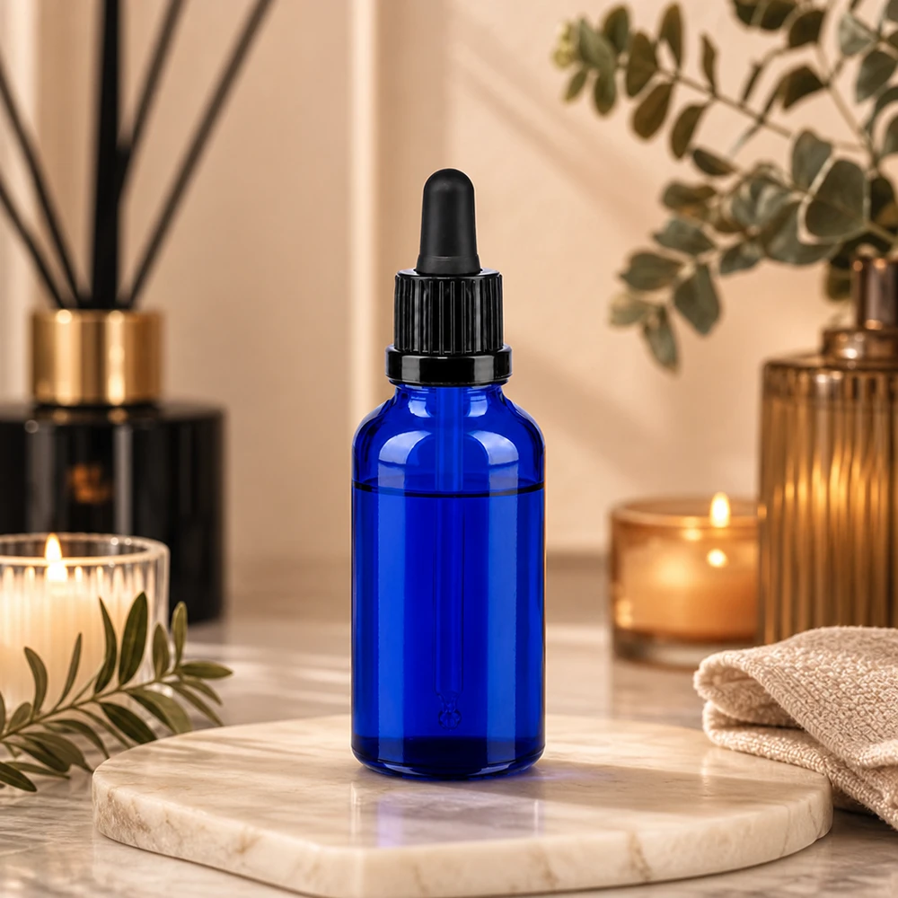 Frasco pipeta profesional BlueLine de 30 ml con protección UV gracias al vidrio azul y al tapón negro