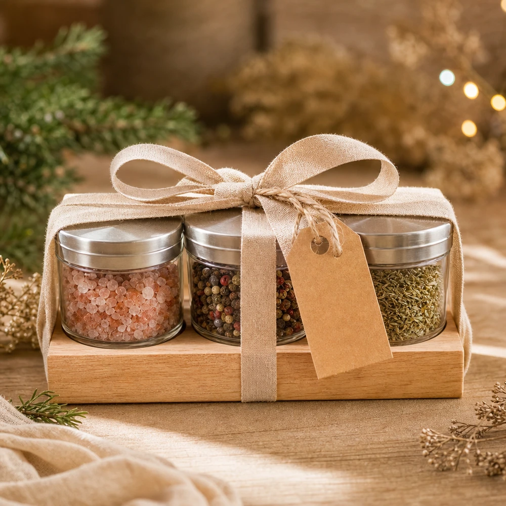 Plano3 set de regalo con tabla de servir y especias en tarros WECK - Sal pimienta Himalaya hierbas en caja de madera con lazo