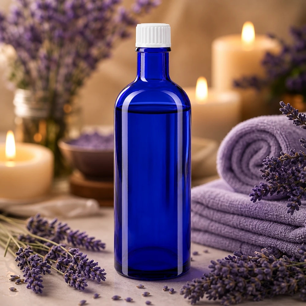 Botella de farmacia azul 200ml tapón rosca blanco estándar Botella de cristal azul cobalto de 200 ml con tapón de rosca blanco para aceites esenciales