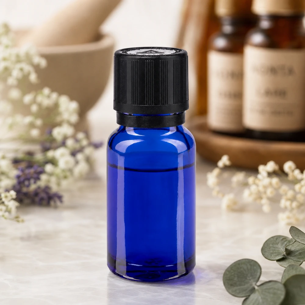 Frasco cuentagotas de 10 ml de cristal de farmacia azul cobalto con tapón de rosca negro para aceites esenciales