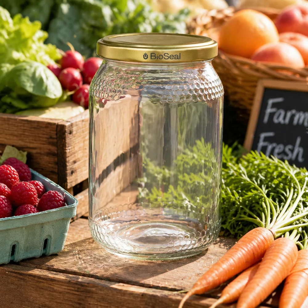 tarro de miel de 900ml tapa BioSeal oro entre verduras frescas fresas zanahorias rábanos mercado de agricultores ambiente