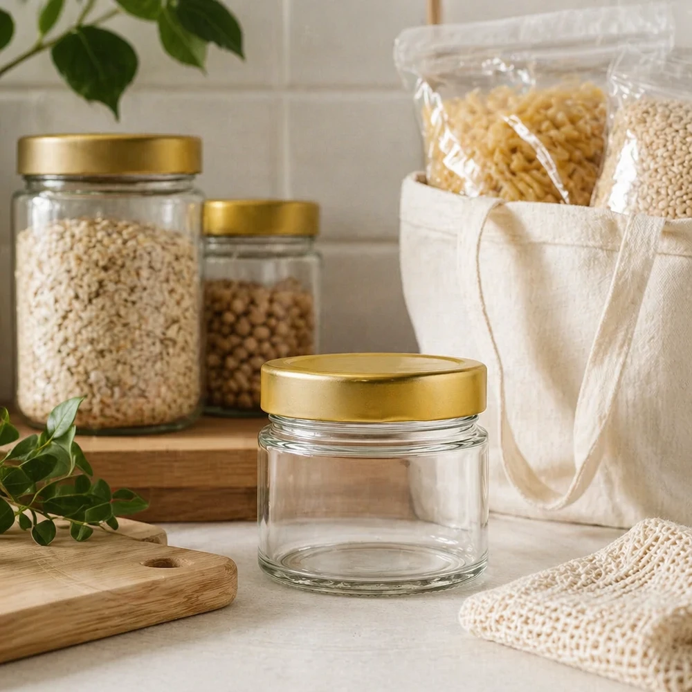 Tarro redondo pequeño de 80 ml con tapa BasicSeal oro profundo en ambiente de cocina sostenible con utensilios de almacenamiento