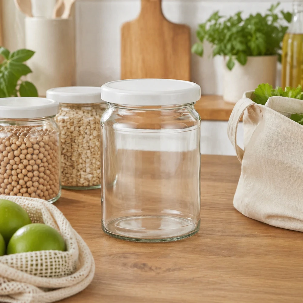 Tarro redondo de 205ml con tapa BasicSeal blanco UNiTWIST 205ml Rundglas UNiTWIST in nachhaltiger Zero-Waste Küche mit Getreide und Öko-Beuteln - umweltfreundliche Vorratshaltung