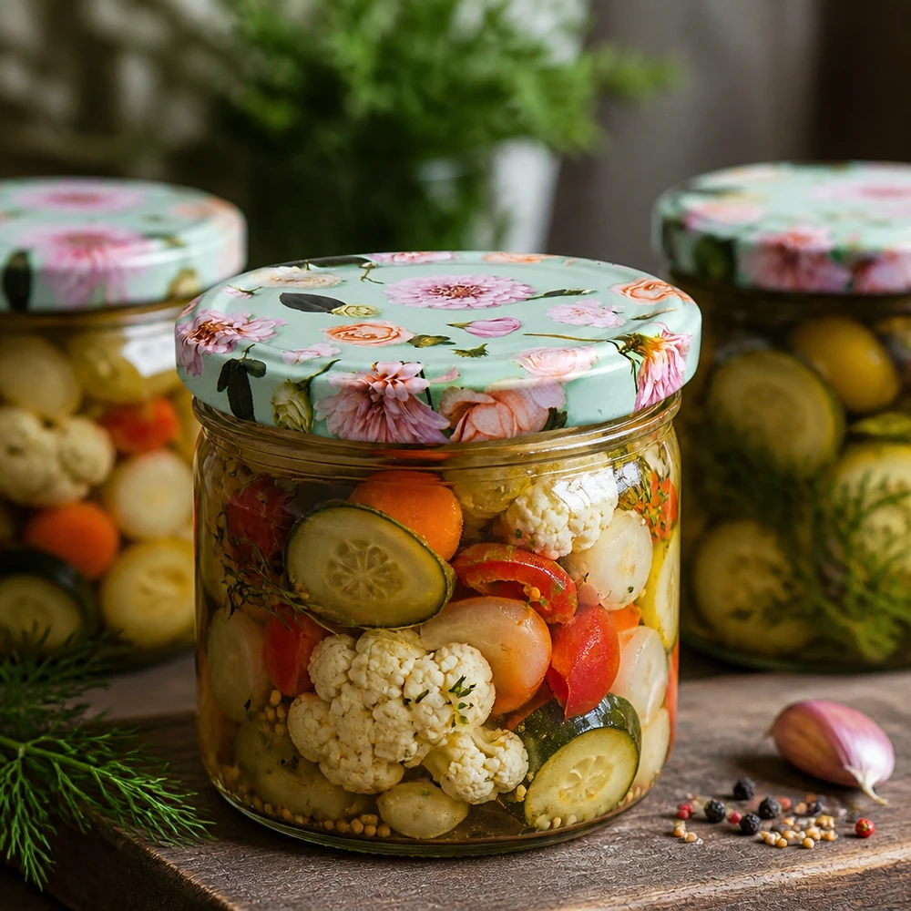Tarro de cristal de menta de 260 ml con tapa de flor BasicSeal lleno de verduras mixtas encurtidas y especias como conservas