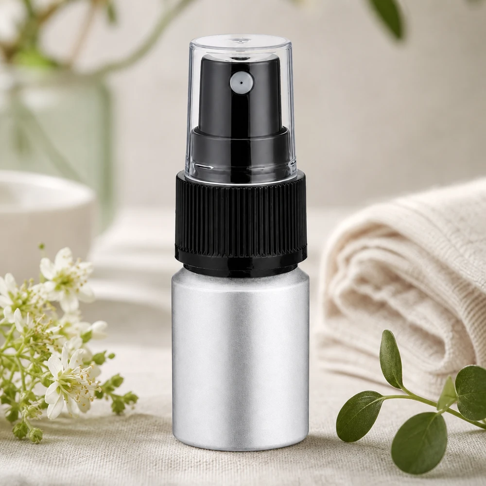 Frasco compacto de aluminio de 10 ml con cabezal atomizador transparente para perfumería móvil