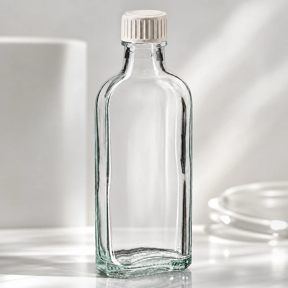 Tapón de rosca transparente Meplat de 100 ml con incrustación de espuma PE Botella de cristal transparente de 100 ml, de forma aplanada y con tapón de rosca blanco de PE