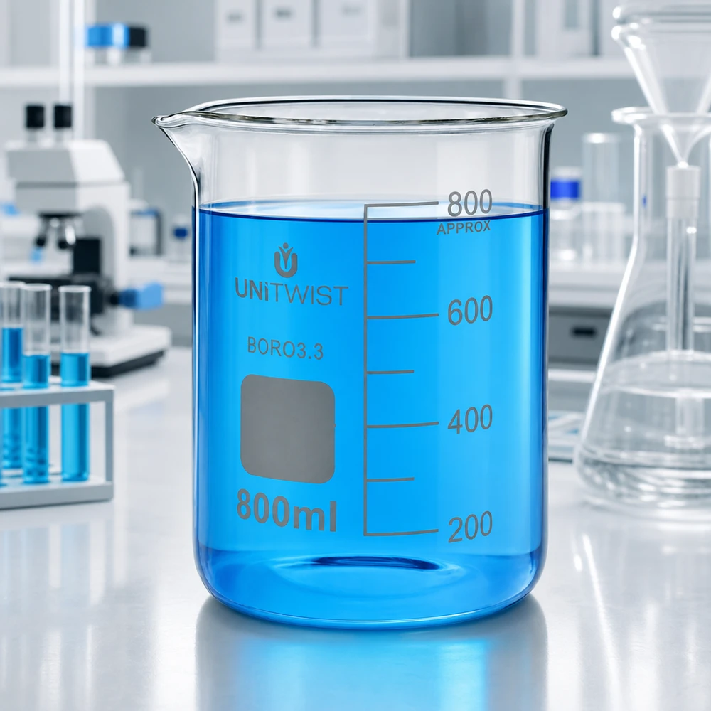 Vaso de precipitados UNiTWIST de 800 ml, de borosilicato, de perfil bajo, con líquido azul en el laboratorio