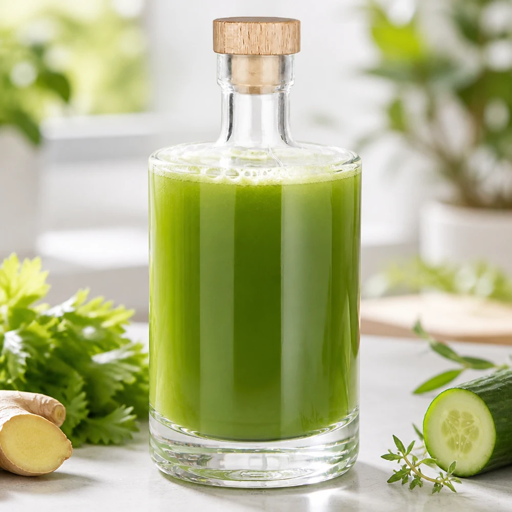 Botella de cristal de 500 ml Marie llena de zumo de verduras verdes - tapón de corcho de madera - foto de estilo de vida con pepino y jengibre