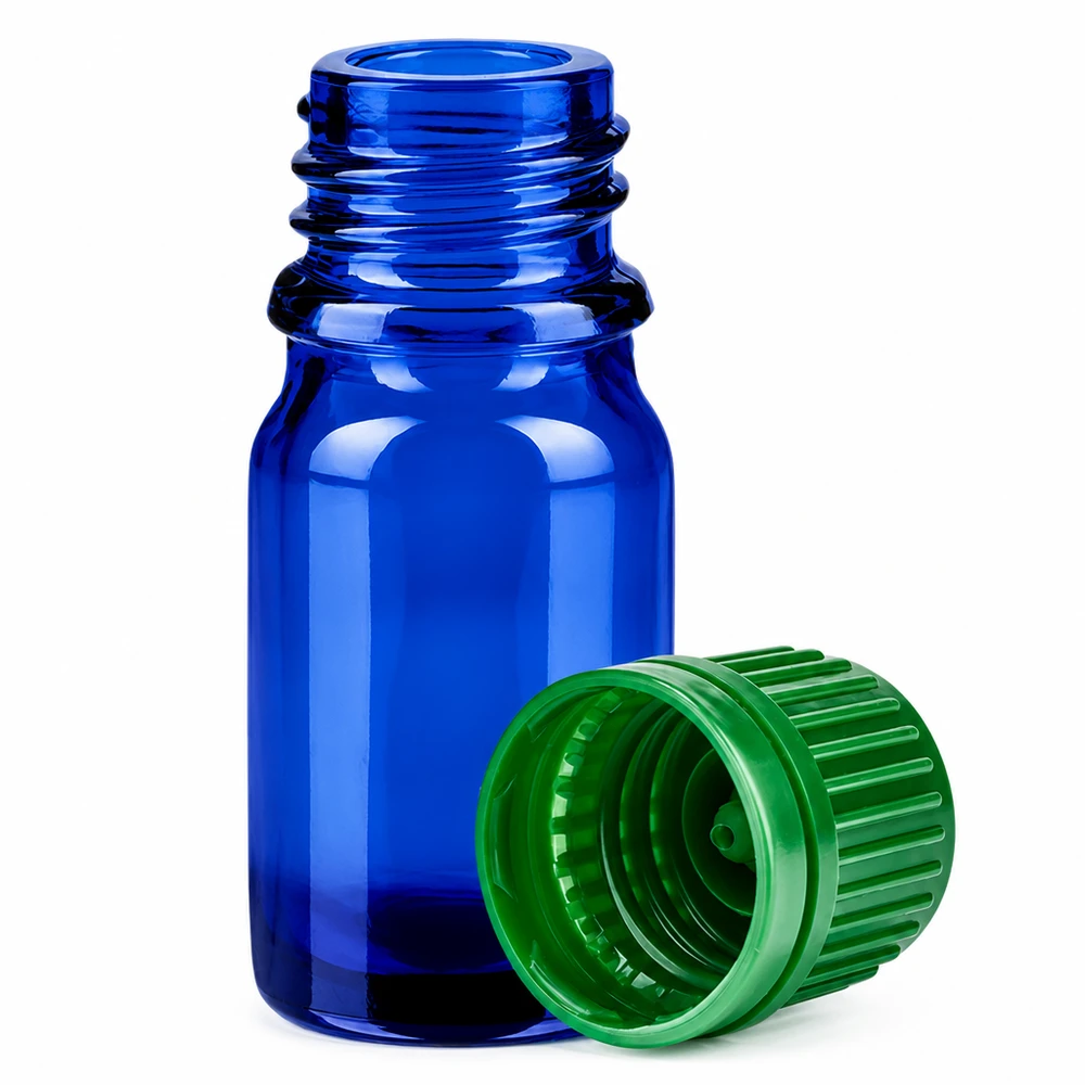 Frasco de 5 ml con tapón de rosca de 11 mm verde con precinto de seguridad BlueLine UT18/5 Frasco de aromaterapia azul de 5 ml con tapa verde para aceites perfumados y esencias