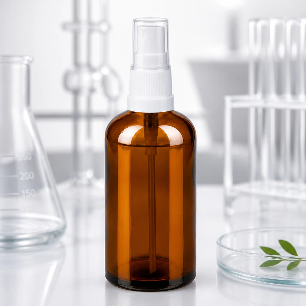 Frasco pulverizador 100ml blanco/transparente tapón estándar BrownLine UT18/100 Frasco pulverizador BrownLine de 100 ml con rosca UT18 para la producción profesional de cosméticos y aplicaciones de laboratorio