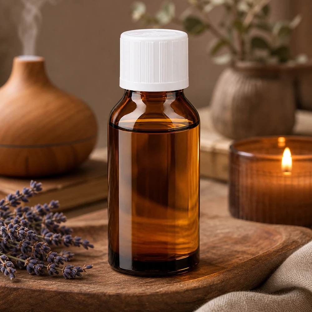 Frasco de cristal ámbar para aromaterapia de 15 ml con tapón de seguridad blanco para niños, junto a una vela y lavanda