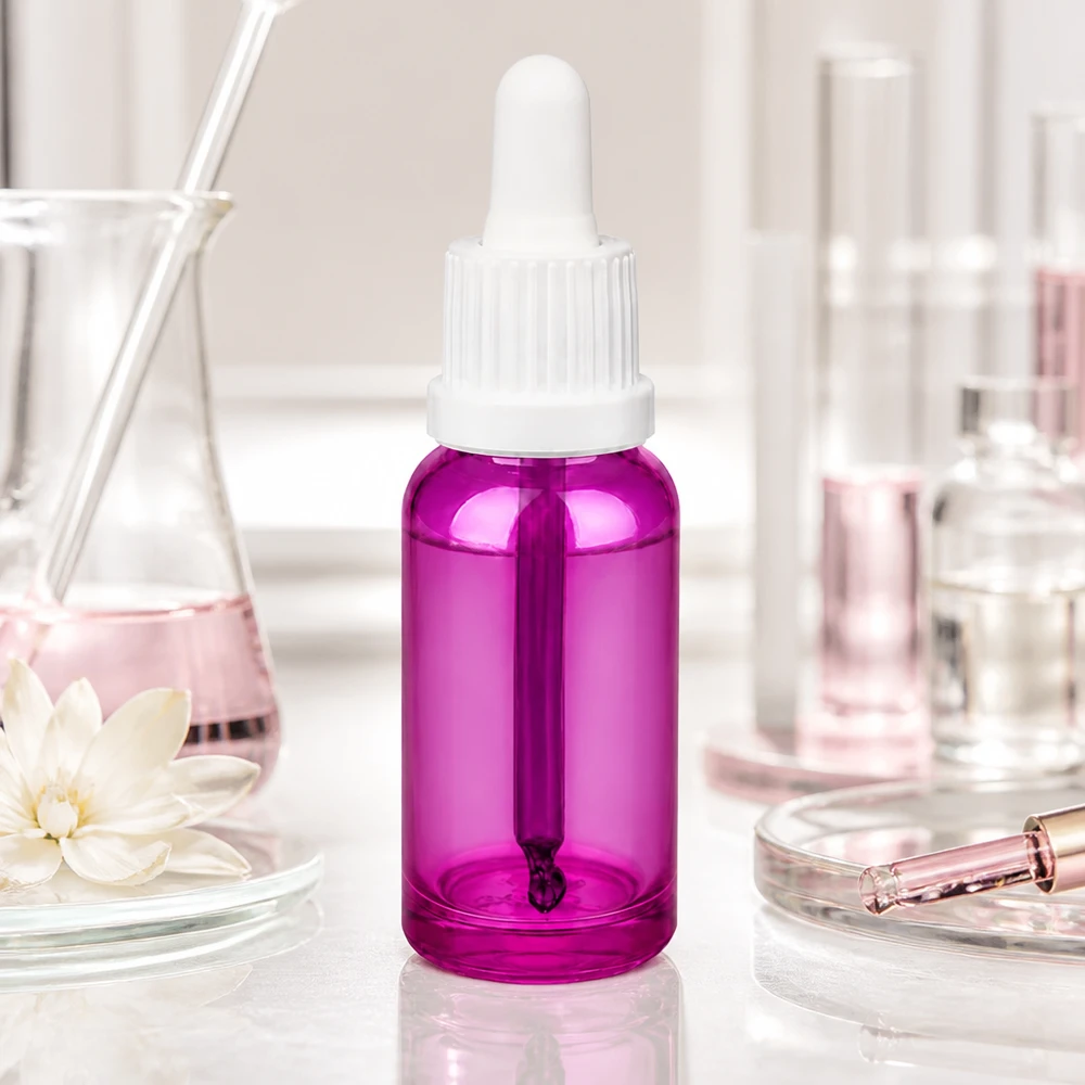 Pequeño frasco pipeta de 20 ml violeta transparente con práctico tapón cuentagotas
