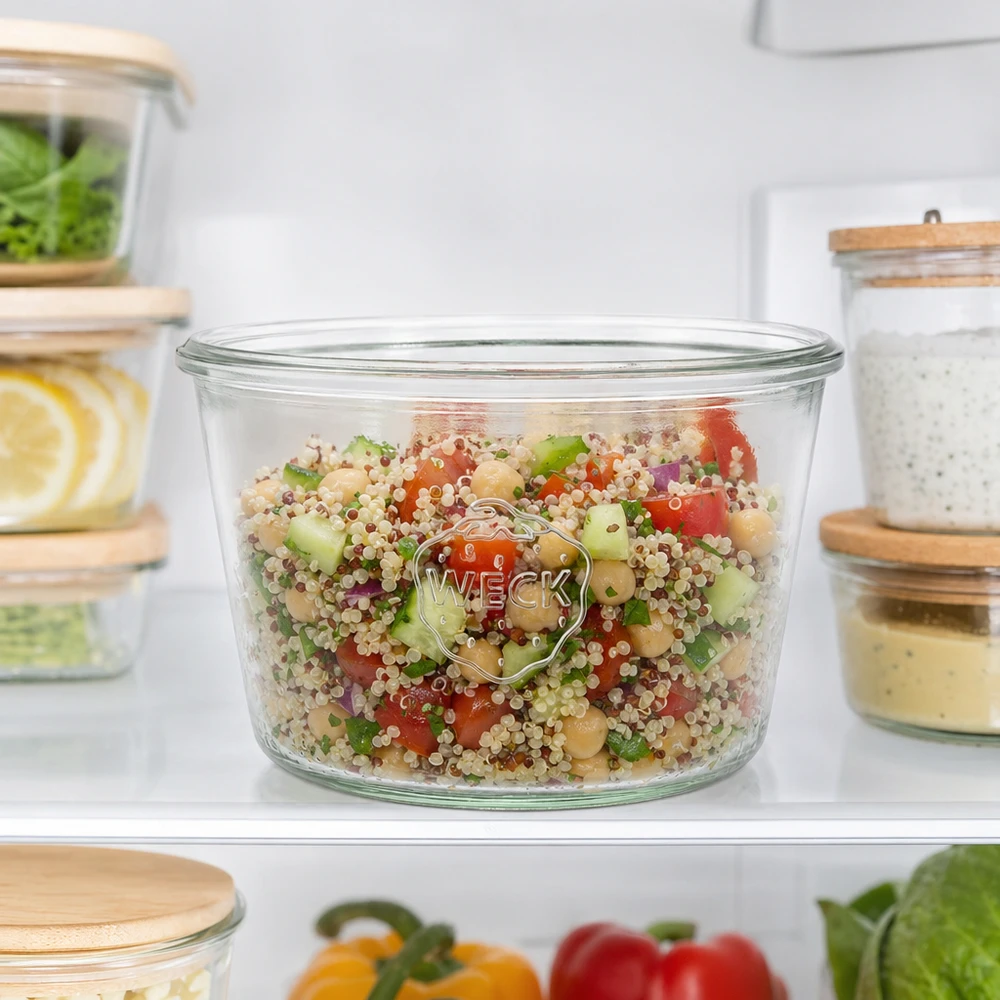 Tarro giratorio de 370ml WECK RR100 WECK 370ml RR100 mason jar lleno de ensalada de quinoa en la nevera para la preparación de comidas y almacenamiento