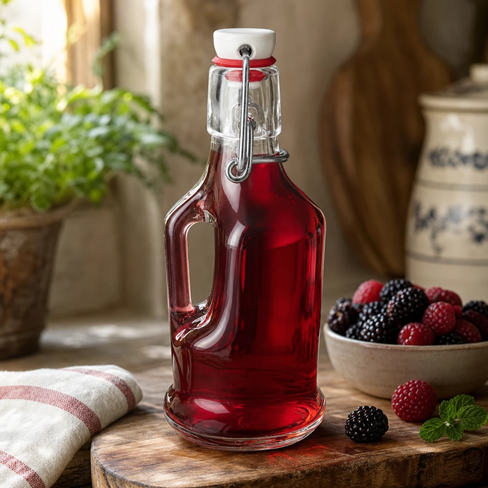 Botella de vidrio de 200 ml «Bertha» y tapón de porcelana UNiTWIST® Botella de cristal de 200 ml Bertha con relleno de bayas rojas estilo de vida escena ambiente de cocina porcelana tapa abatible UNiTW
