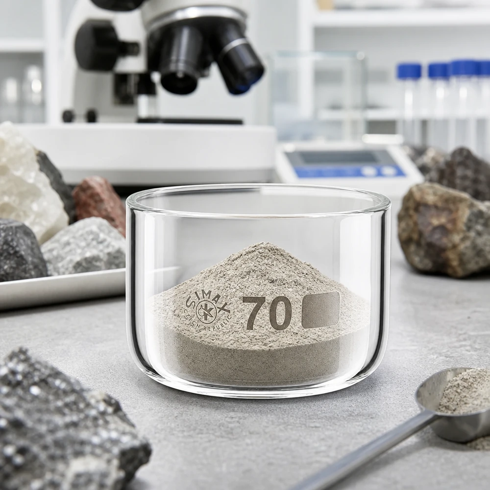 Cristalizador 100ml sin pico borosilicato ø70mm Bandeja de cristalización Simax de 70 mm con polvo mineral gris sobre una mesa de laboratorio, junto a muestras de roca y un microscopio