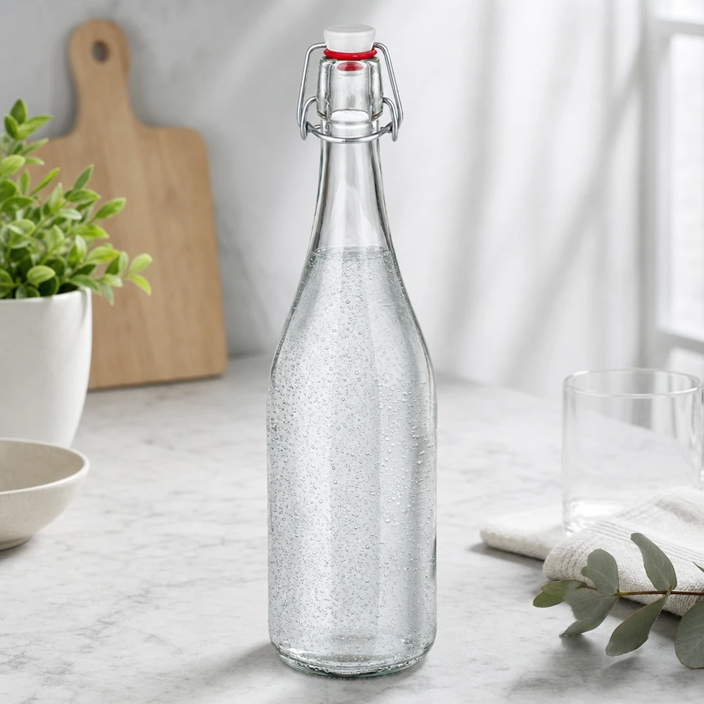 Botella de vidrio 750ml + tapón PVC UNiTWIST Botella de cristal de 750 ml con tapón oscilante llena de agua con gas Escenografía de cocina encimera de mármol moderna