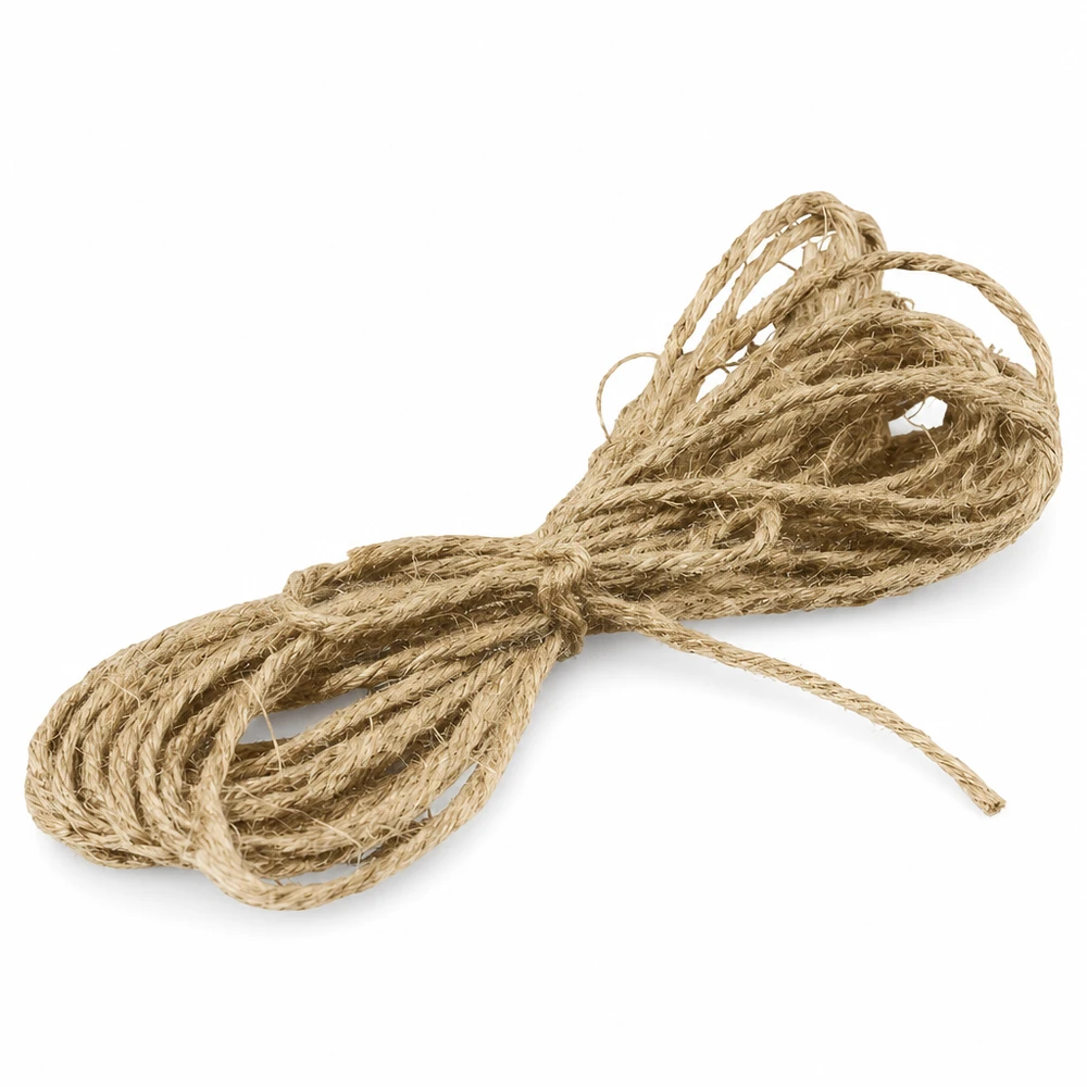 Cordón natural para decoración, 300 cm de largo Cordón de yute natural de 300 cm de largo para decorar, enrollado y atado con nudos sobre fondo blanco