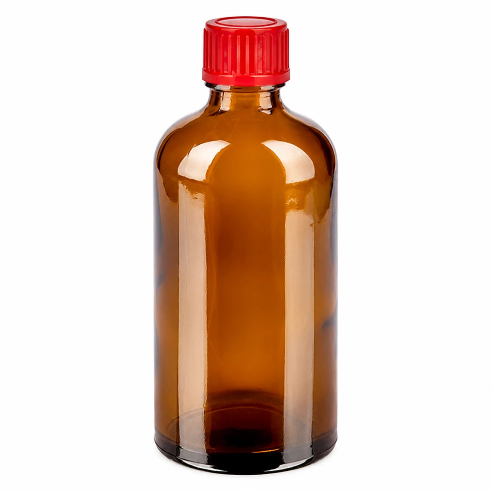 Frasco de vidrio ámbar de 100 ml con tapón de rosca rojo para medicamentos y productos químicos