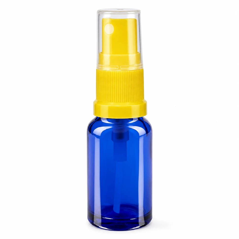 Frasco pulverizador de cristal azul de 10 ml con dosificador amarillo y tapón protector transparente ApoGlas STD