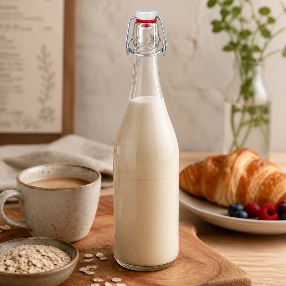 Botella de cristal de 750 ml con tapón oscilante llena de leche Escena de cocina desayuno croissant copos de avena natural