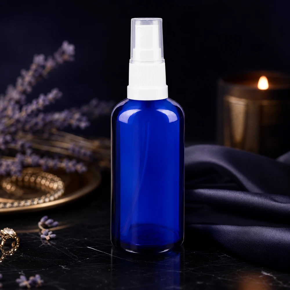 Frasco de farmacia con pulverizador de 50 ml en color azul cobalto con pulverizador blanco y decoración de lavanda