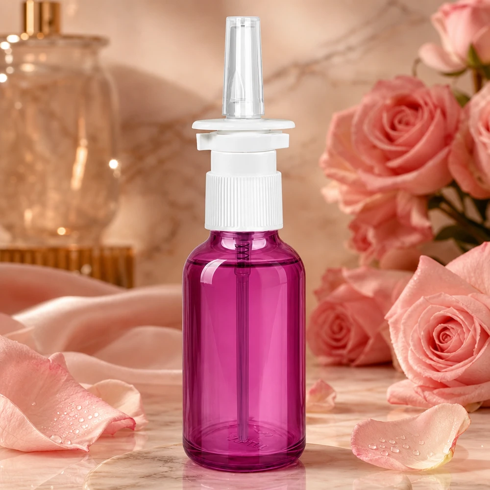 Frasco pulverizador nasal de 30 ml blanco/transparente estándar PurpleLine. UT18/30 Práctico pulverizador nasal de 30 ml con un elegante aspecto morado y cabezal de pulverización ergonómico de color blanco