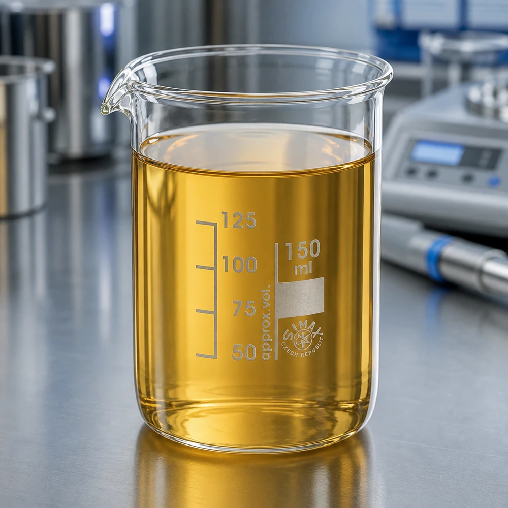 Vaso 150ml vidrio borosilicato, forma baja Vaso de precipitados para química de 150 ml de forma baja con solución de color ámbar en estación de trabajo de laboratorio