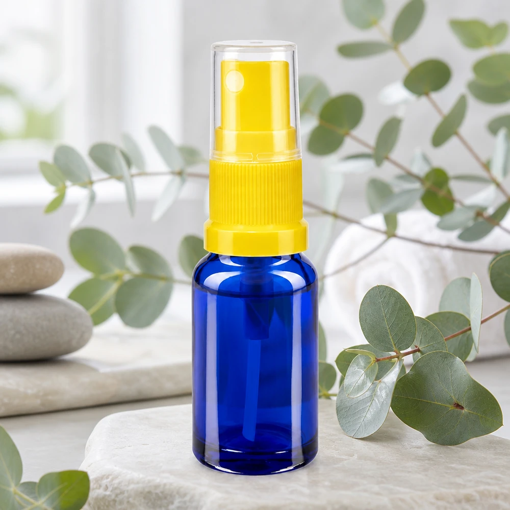 Frasco atomizador compacto de 10 ml, de vidrio protector azul con cabezal pulverizador amarillo, para aceites esenciales