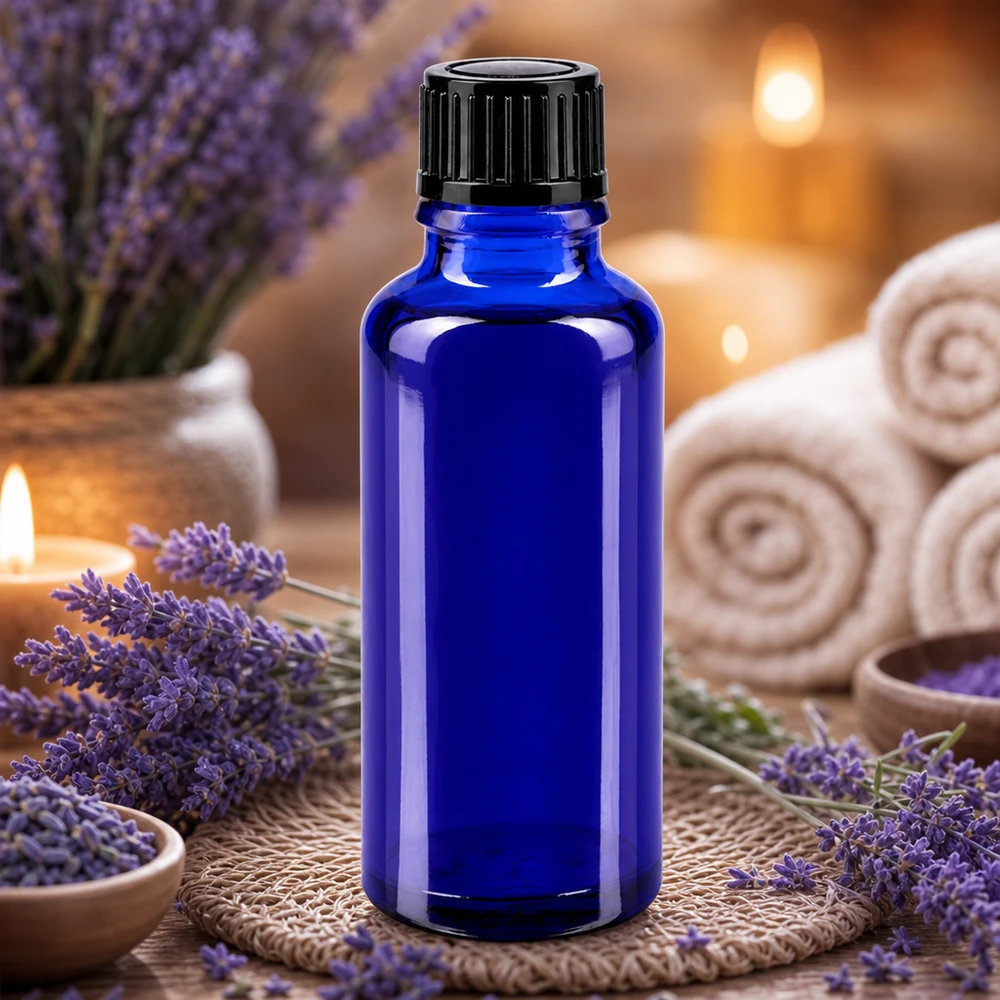 Frasco de cristal azul de 30 ml con tapón negro, rodeado de flores de lavanda y velas