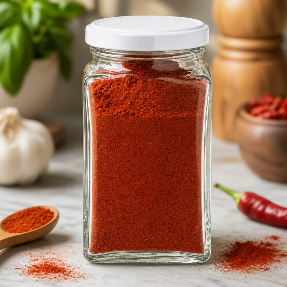 tarro cuadrado de 260 ml lleno de pimentón en polvo muestra un uso práctico como tarro de especias con tapa blanca