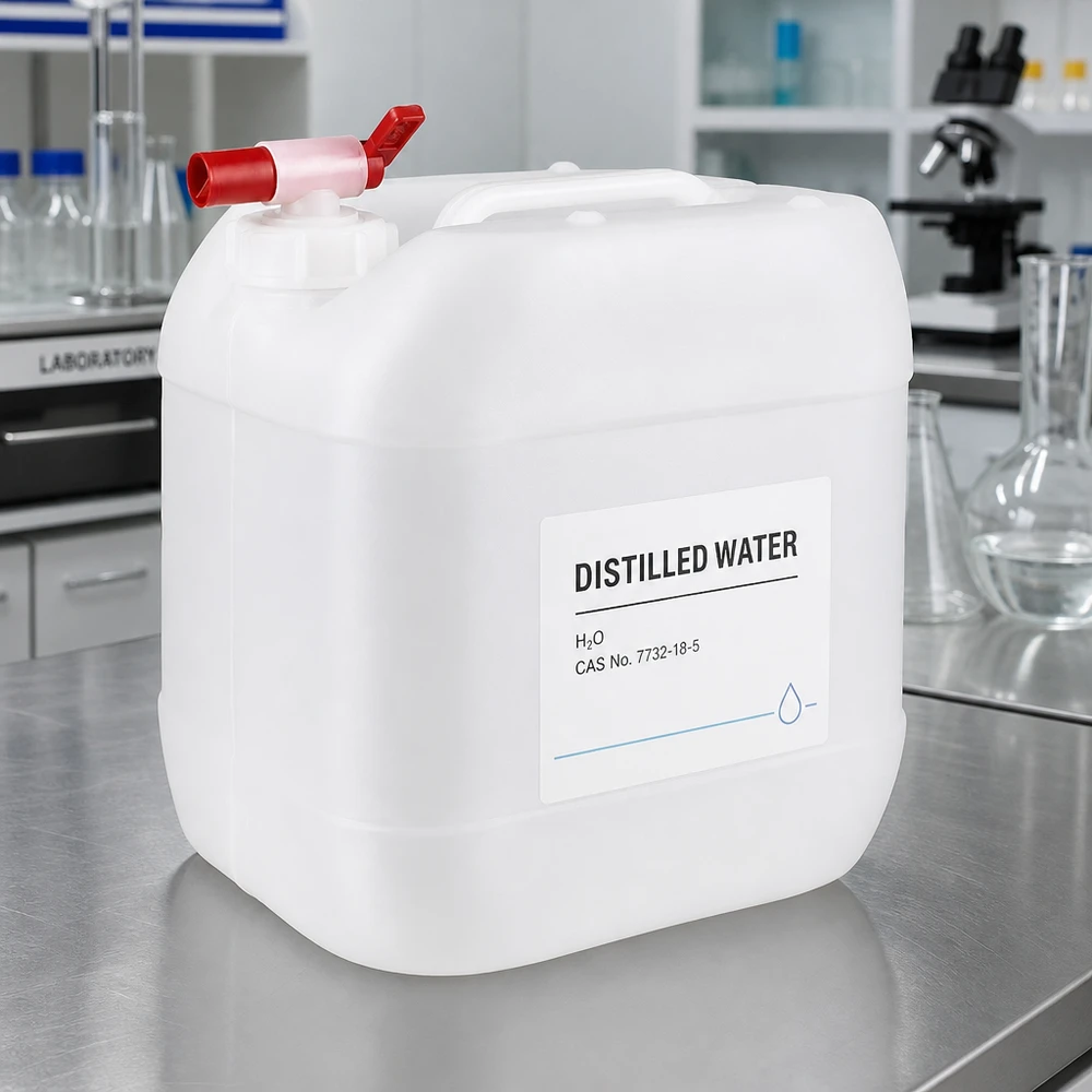 Bidón de laboratorio de 15 litros con agua destilada y un práctico grifo de purga rojo