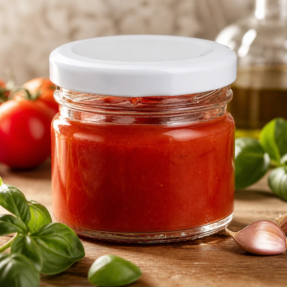 Frasco redondo de cristal de 33 ml + tapa BasicSeal blanca UNiTWIST Frasco redondo de cristal UNiTWIST de 33 ml con tapa BasicSeal blanca, lleno de salsa de tomate roja sobre una mesa de madera